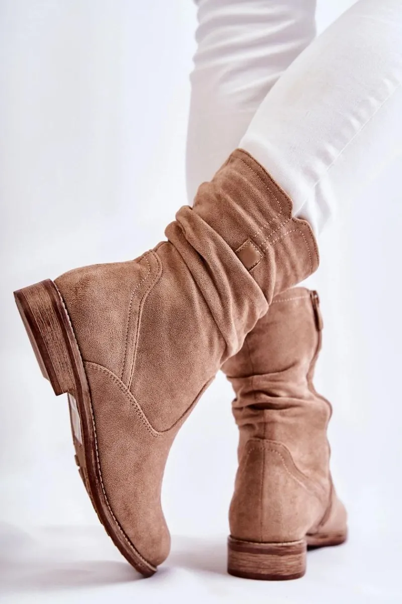 Damskie buty S.Barski Damskie Marszczone Zamszowe Botki Beżowe Joanne