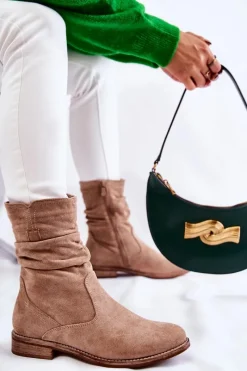 Damskie buty S.Barski Damskie Marszczone Zamszowe Botki Beżowe Joanne