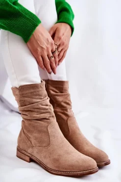 Damskie buty S.Barski Damskie Marszczone Zamszowe Botki Beżowe Joanne