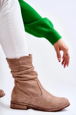 Damskie buty S.Barski Damskie Marszczone Zamszowe Botki Beżowe Joanne