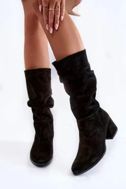 Kozaki Wiosenne|Kozaki Przed Kolano>Boto Damskie Marszczone Zamszowe Kozaki Czarne Alfra