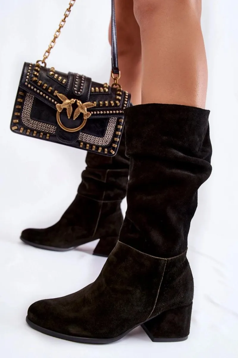 Kozaki Wiosenne|Kozaki Przed Kolano>Boto Damskie Marszczone Zamszowe Kozaki Czarne Alfra