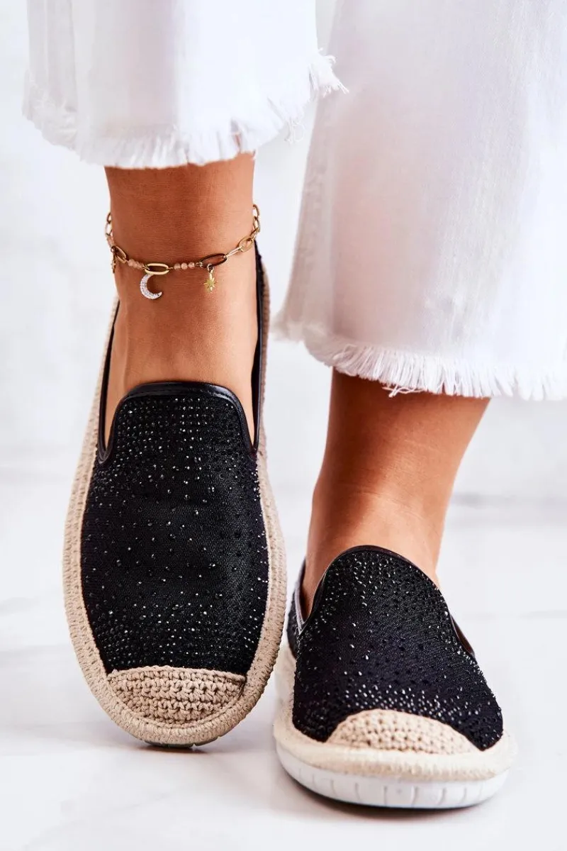 Czarne Espadryle>Boto Damskie Materiałowe Espadryle Z Cyrkoniami Czarne Deimos