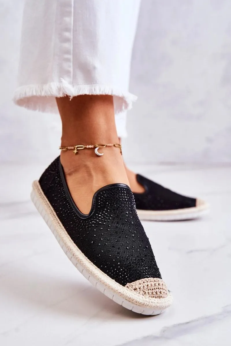 Czarne Espadryle>Boto Damskie Materiałowe Espadryle Z Cyrkoniami Czarne Deimos