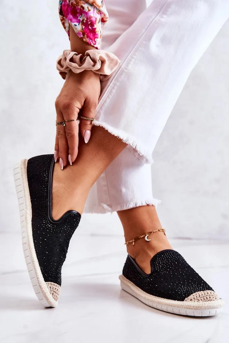 Czarne Espadryle>Boto Damskie Materiałowe Espadryle Z Cyrkoniami Czarne Deimos