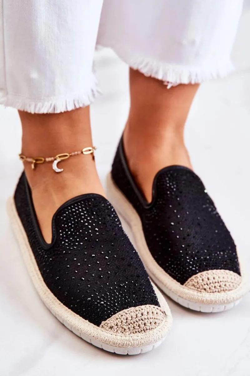 Czarne Espadryle>Boto Damskie Materiałowe Espadryle Z Cyrkoniami Czarne Deimos