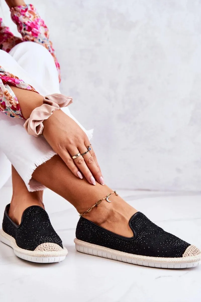 Czarne Espadryle>Boto Damskie Materiałowe Espadryle Z Cyrkoniami Czarne Deimos