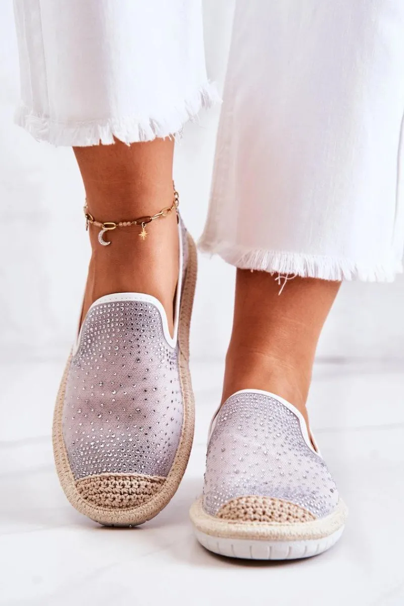 New Boto Damskie Materiałowe Espadryle Z Cyrkoniami Szare Deimos