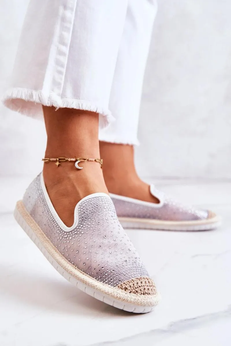 New Boto Damskie Materiałowe Espadryle Z Cyrkoniami Szare Deimos