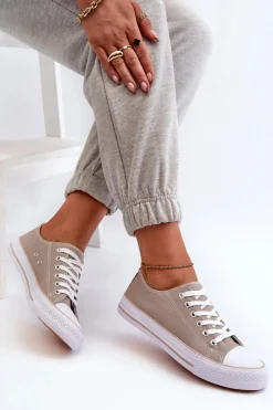 Trampki Damskie Niskie></noscript>Boto Damskie Materiałowe Klasyczne Niskie Trampki Ciemnobeżowe Lennabella