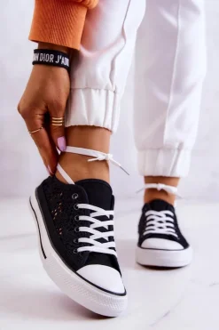 Trampki Damskie Niskie>Boto Damskie Materiałowe Trampki Ażurowe Czarne Venture Czarny