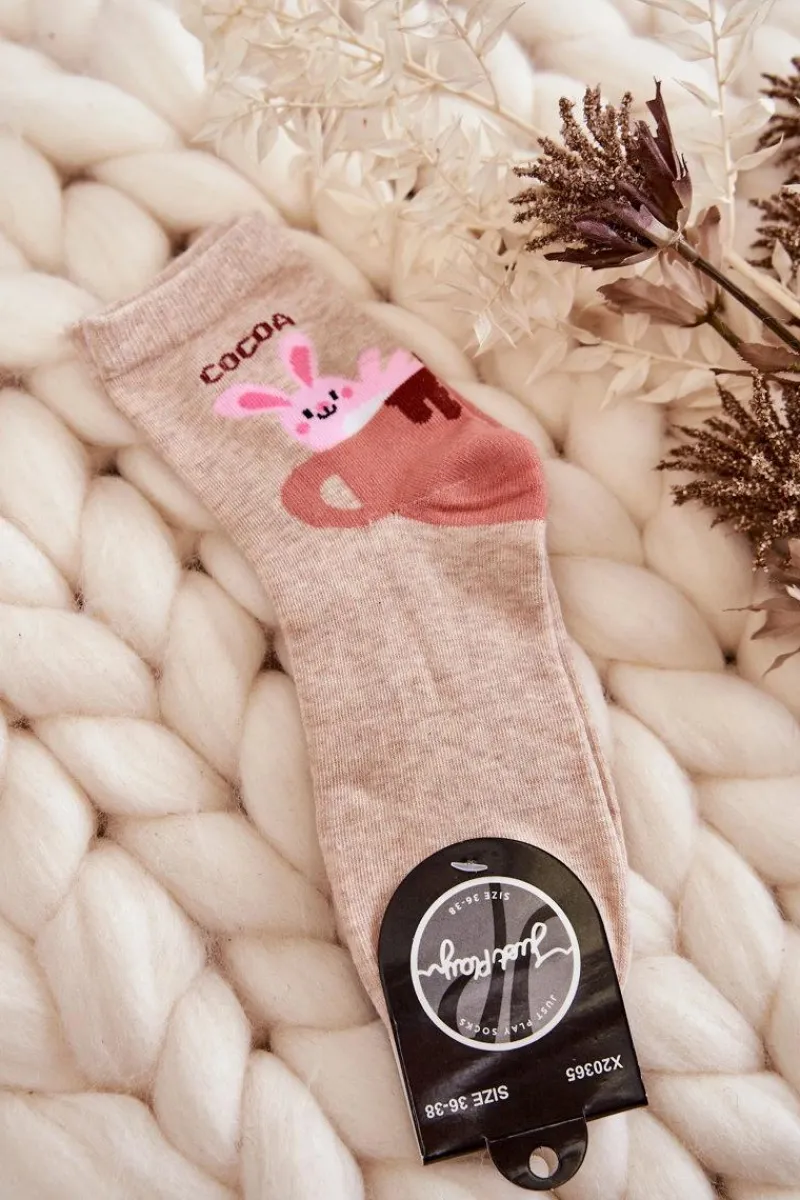 Skarpetki|Skarpetki>Just Play Damskie Śmieszne Skarpetki Królik W Filiżance Beżowe