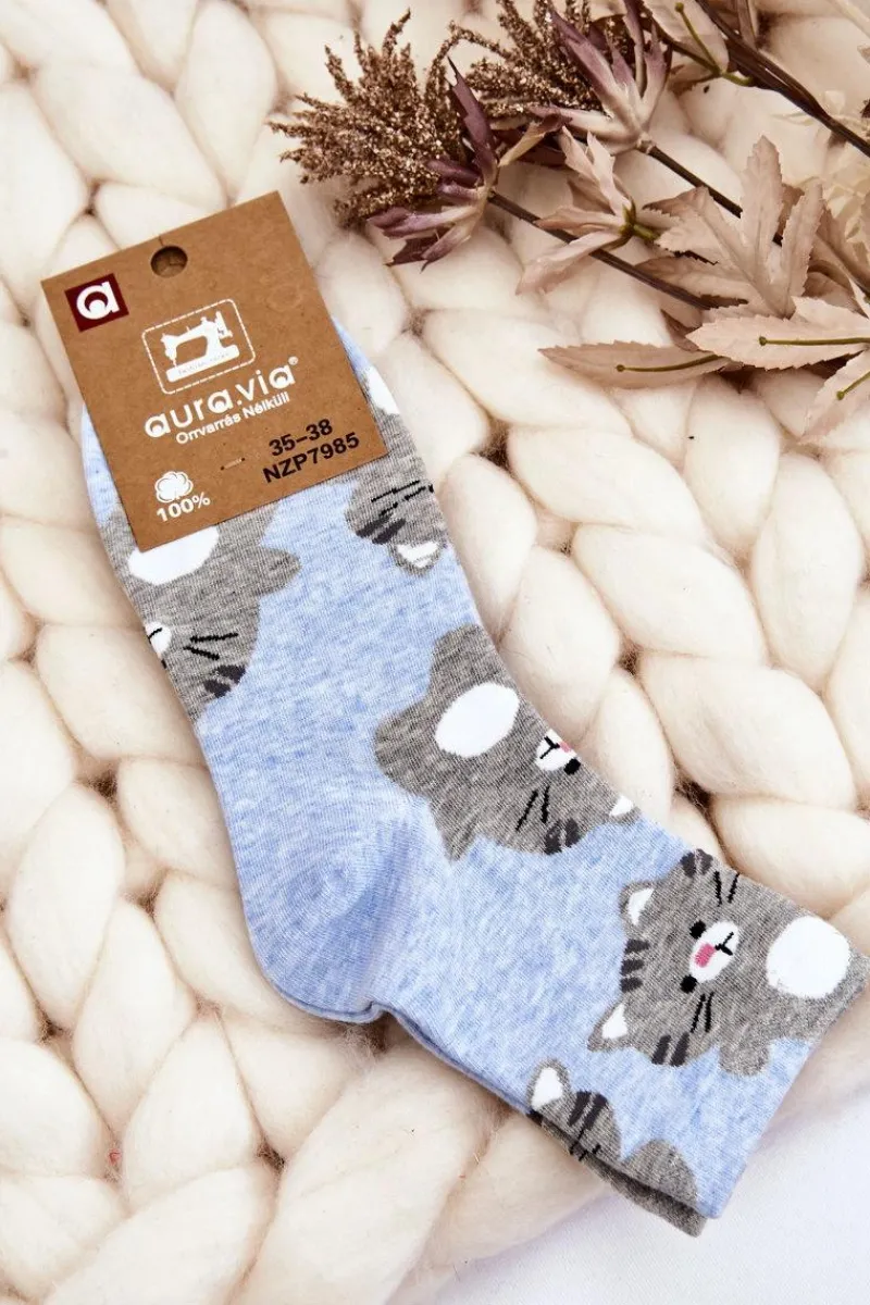 Skarpetki|Skarpetki>Aura.via Damskie Śmieszne Skarpety Zwierzęcy Wzór Koty Niebieskie