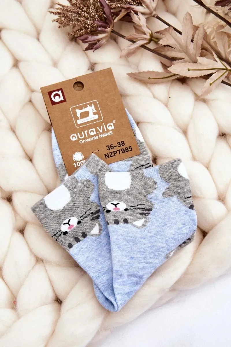 Skarpetki|Skarpetki>Aura.via Damskie Śmieszne Skarpety Zwierzęcy Wzór Koty Niebieskie