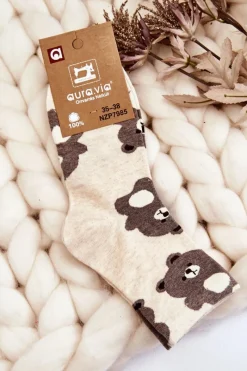 Hot Aura.via Damskie Śmieszne Skarpety Zwierzęcy Wzór Misie Beżowe