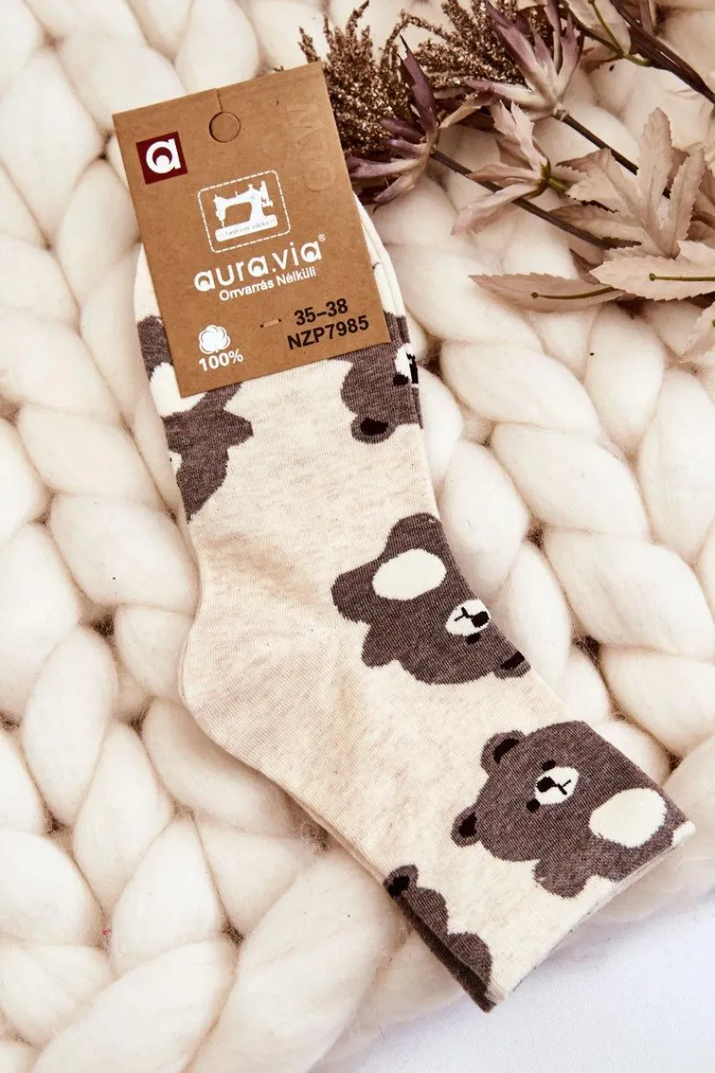 Hot Aura.via Damskie Śmieszne Skarpety Zwierzęcy Wzór Misie Beżowe