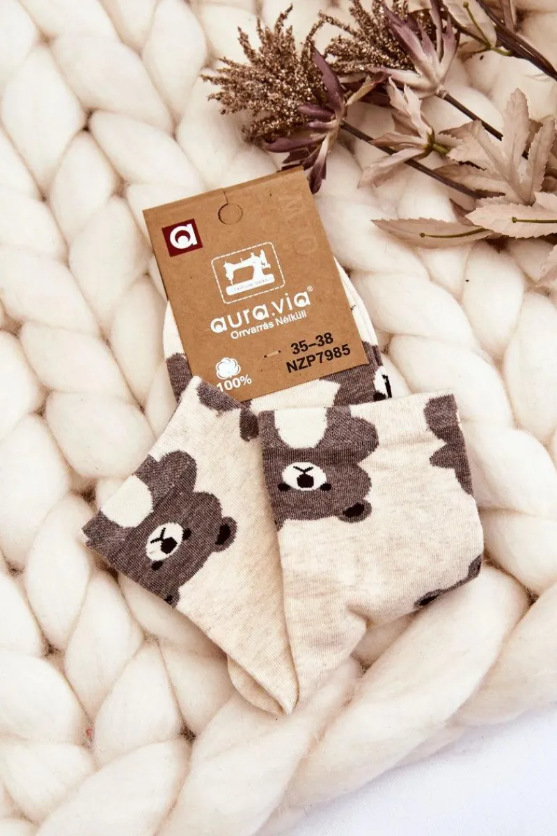 Hot Aura.via Damskie Śmieszne Skarpety Zwierzęcy Wzór Misie Beżowe