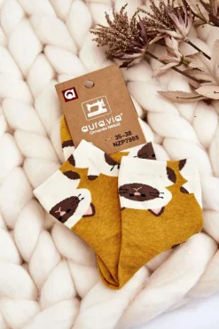 Hot Aura.via Damskie Śmieszne Skarpety Zwierzęcy Wzór Koty Ciemnożółte