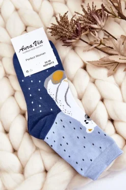 Hot Aura.via Damskie Śmieszne Skarpety Nie Do Pary Miś Polarny Granatowe