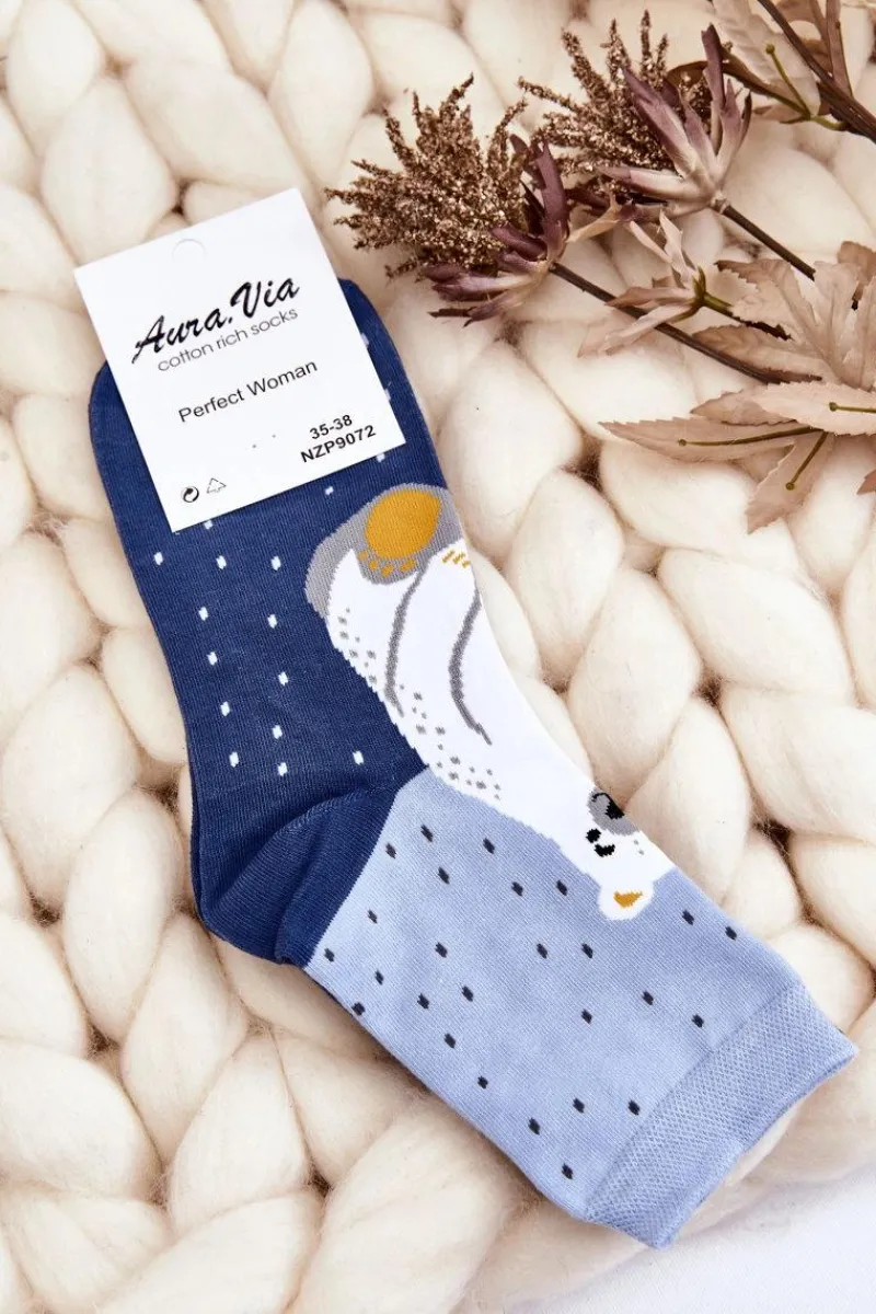 Hot Aura.via Damskie Śmieszne Skarpety Nie Do Pary Miś Polarny Granatowe
