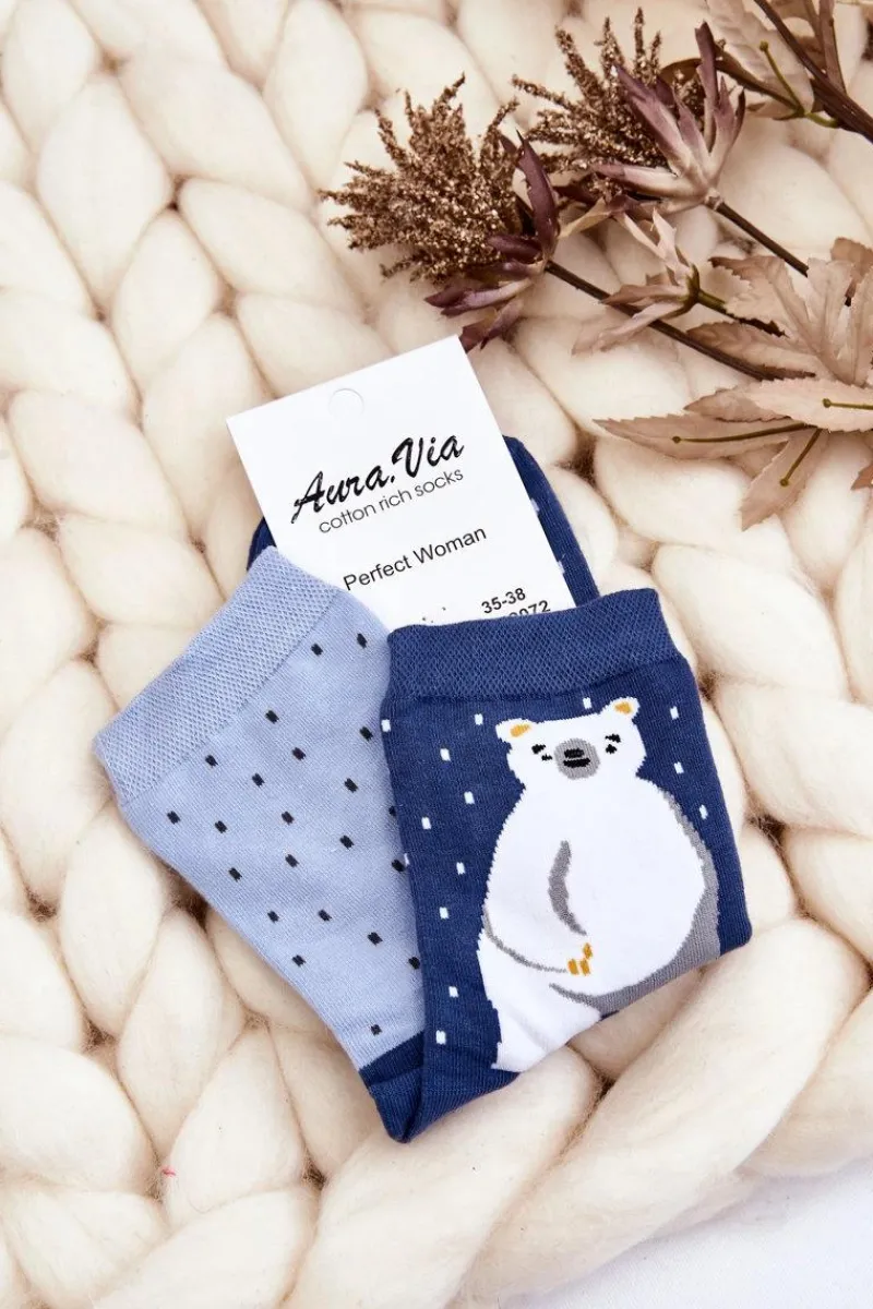 Hot Aura.via Damskie Śmieszne Skarpety Nie Do Pary Miś Polarny Granatowe