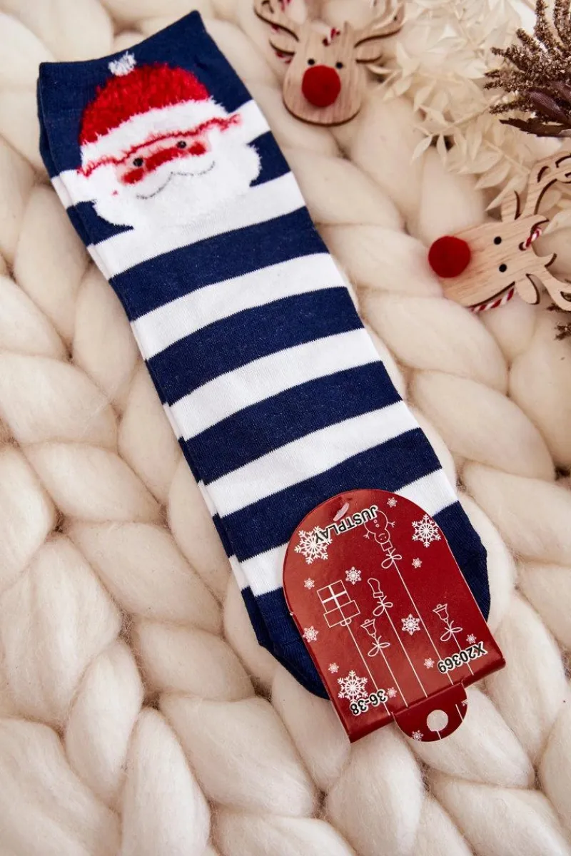 Online Damskie Śmieszne Świąteczne Skarpety W Pasy Z Mikołajem Granatowo-Białe Skarpetki|Skarpetki