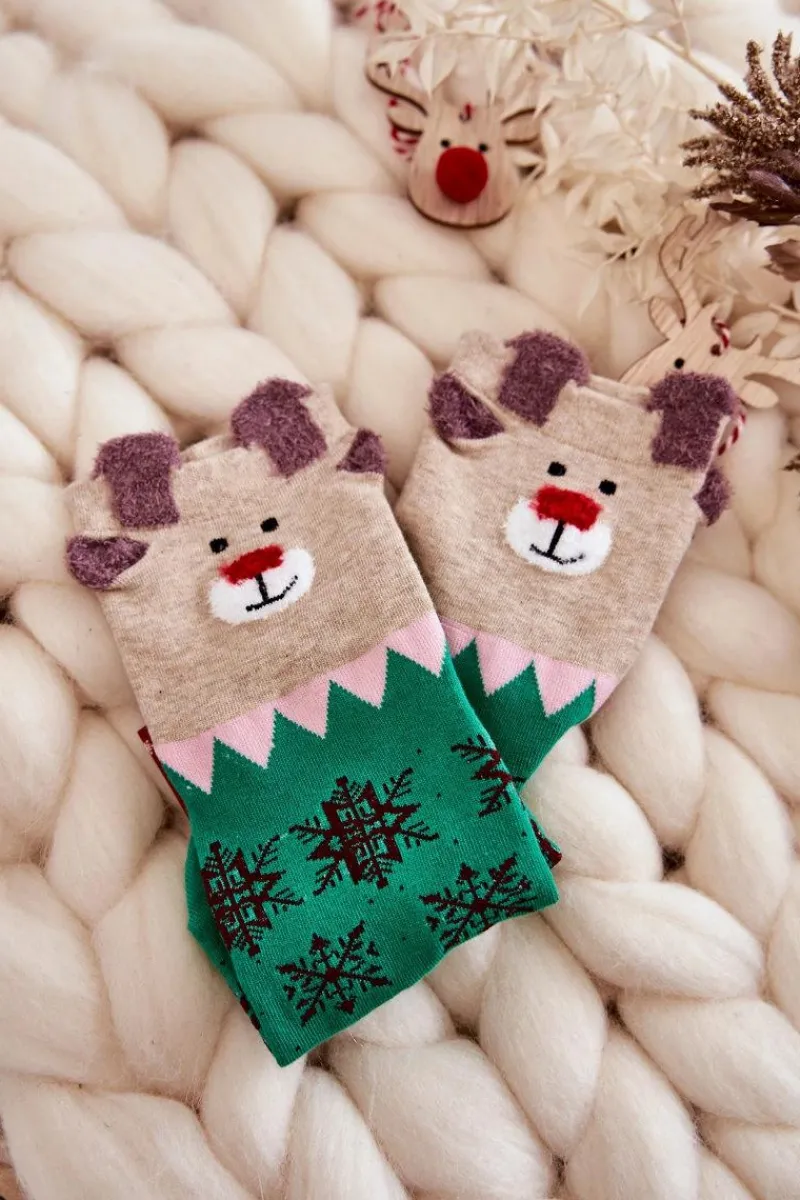 New Damskie Śmieszne Świąteczne Skarpety Renifer I Śnieżynki Zielono-Beżowe Skarpetki|Skarpetki