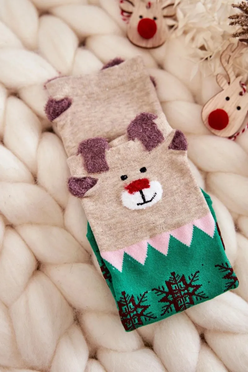 New Damskie Śmieszne Świąteczne Skarpety Renifer I Śnieżynki Zielono-Beżowe Skarpetki|Skarpetki