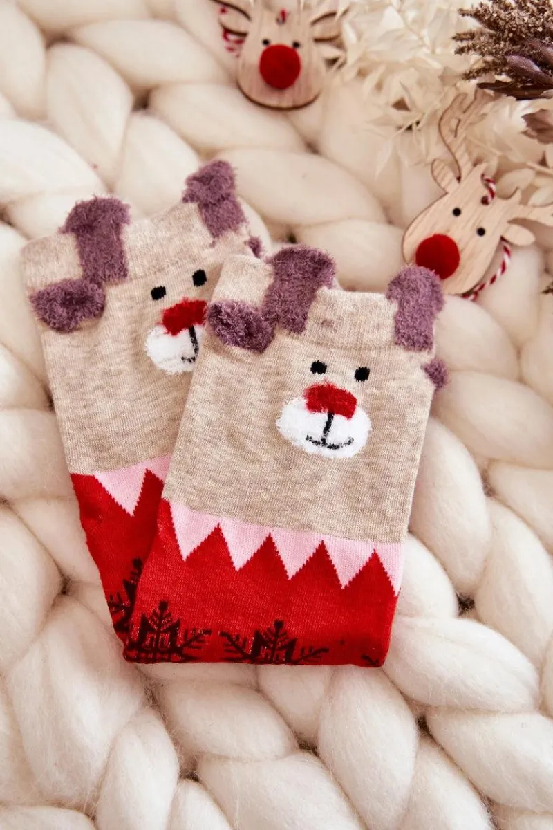 Hot Just Play Damskie Śmieszne Świąteczne Skarpety Renifer I Śnieżynki Czerwono-Beżowe