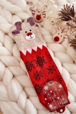 Hot Just Play Damskie Śmieszne Świąteczne Skarpety Renifer I Śnieżynki Czerwono-Beżowe