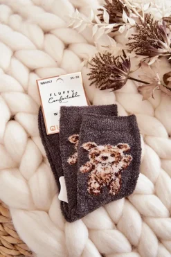 Outlet Aura.via Damskie Miękkie Ciepłe Skarpetki Z Misiem Grafitowe