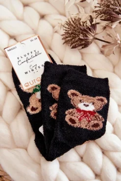Sale Damskie Miękkie Ciepłe Skarpetki Misie Czarne Skarpetki|Skarpetki