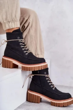 Best Damskie Modne Botki Ocieplane Czarne Gerda Damskie Botki Sznurowane|Czarne Botki