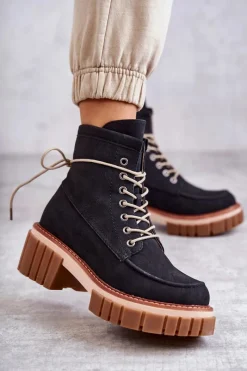 Best Damskie Modne Botki Ocieplane Czarne Gerda Damskie Botki Sznurowane|Czarne Botki