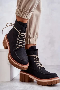 Best Damskie Modne Botki Ocieplane Czarne Gerda Damskie Botki Sznurowane|Czarne Botki