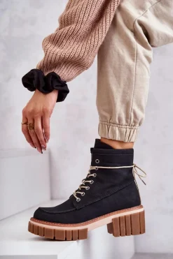 Best Damskie Modne Botki Ocieplane Czarne Gerda Damskie Botki Sznurowane|Czarne Botki