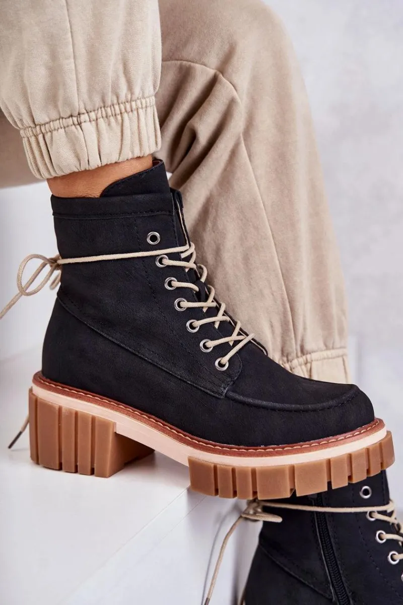Best Damskie Modne Botki Ocieplane Czarne Gerda Damskie Botki Sznurowane|Czarne Botki