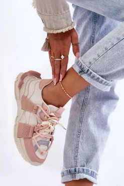 Clearance Damskie Modne Buty Sportowe Sznurowane Beżowo-Różowe Chillout! Damskie Sneakersy Damskie
