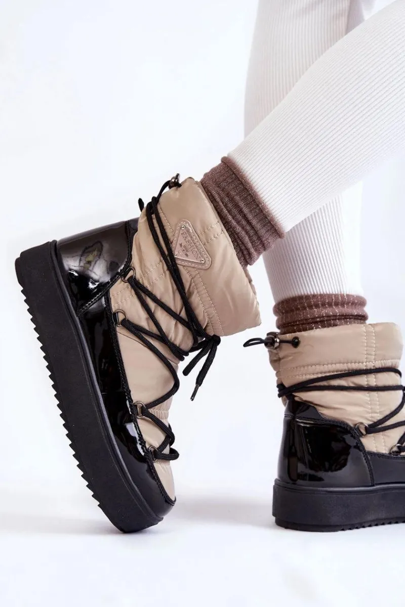 Śniegowce Damskie>Boto Damskie Modne Śniegowce Sznurowane Beżowo-Czarne Carrios