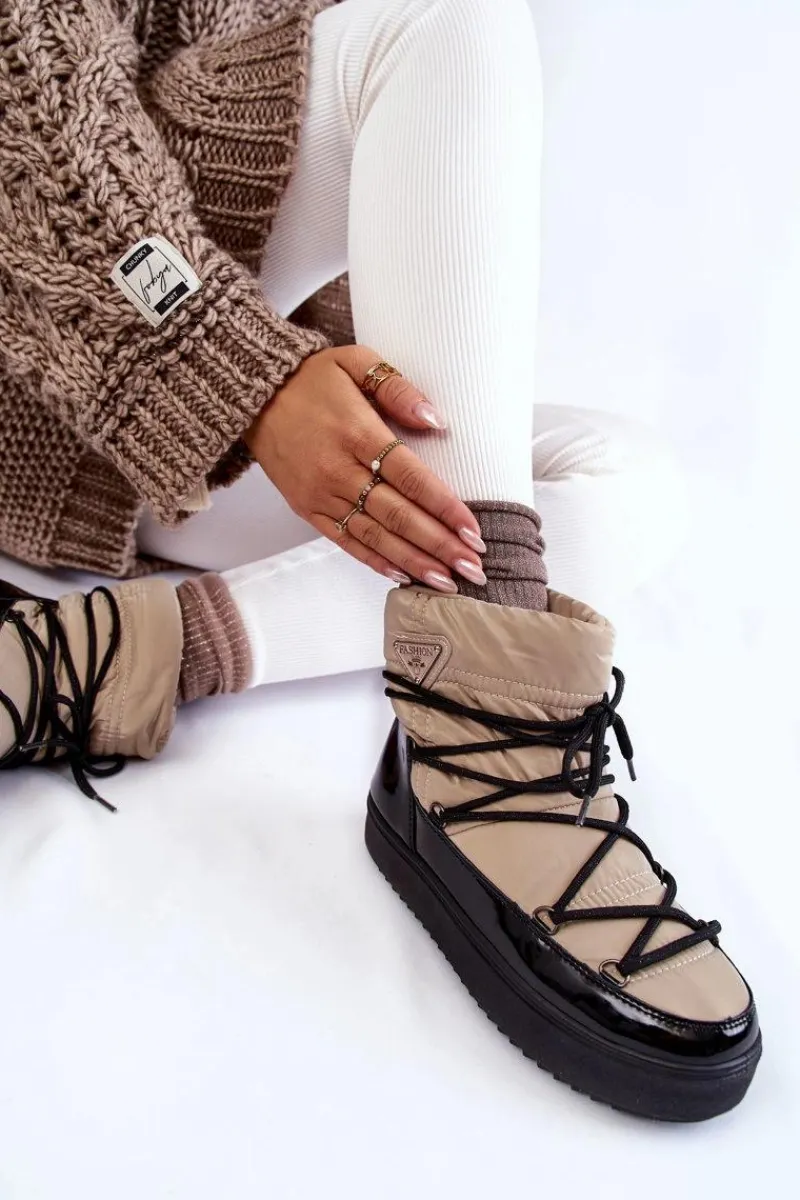 Śniegowce Damskie>Boto Damskie Modne Śniegowce Sznurowane Beżowo-Czarne Carrios