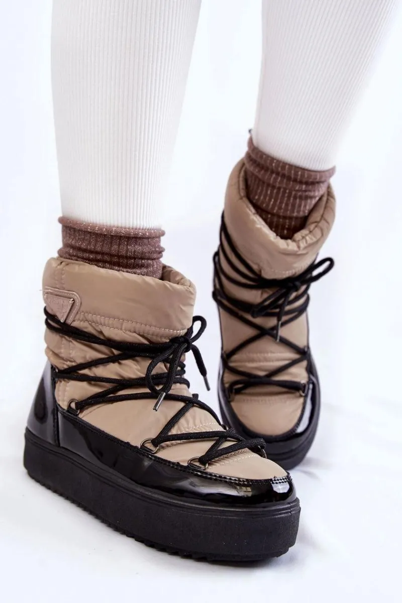 Śniegowce Damskie>Boto Damskie Modne Śniegowce Sznurowane Beżowo-Czarne Carrios