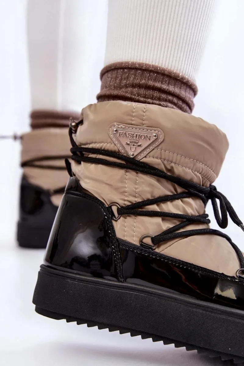 Śniegowce Damskie>Boto Damskie Modne Śniegowce Sznurowane Beżowo-Czarne Carrios