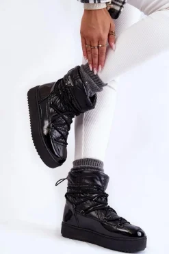 Śniegowce Damskie>Boto Damskie Modne Śniegowce Sznurowane Czarne Carrios