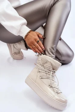 Śniegowce Damskie>Boto Damskie Modne Śniegowce Sznurowane Jasnobeżowe Carrios