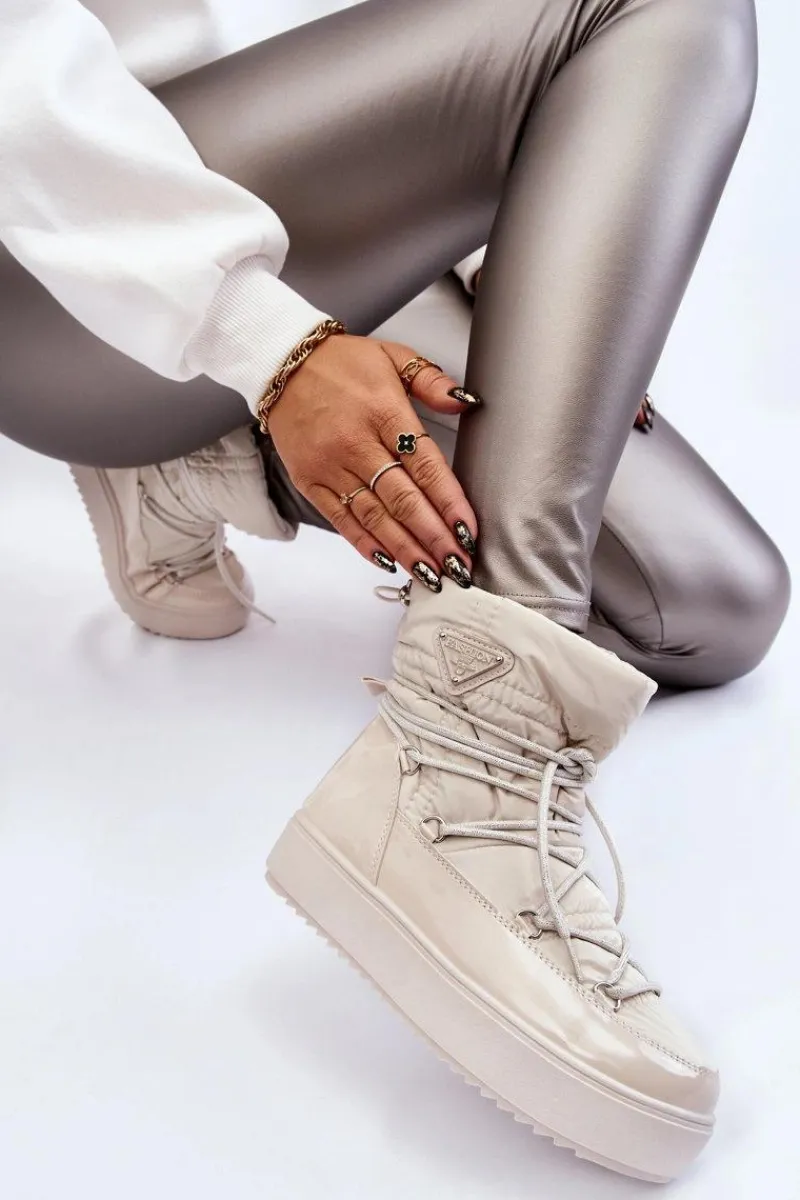 Śniegowce Damskie>Boto Damskie Modne Śniegowce Sznurowane Jasnobeżowe Carrios