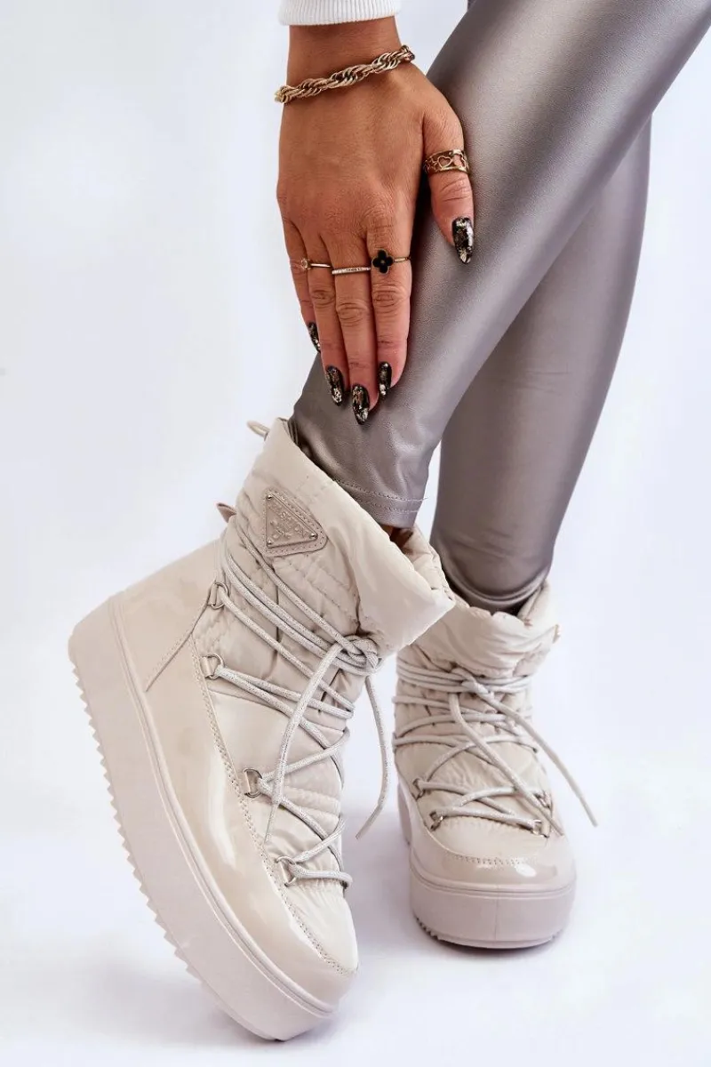 Śniegowce Damskie>Boto Damskie Modne Śniegowce Sznurowane Jasnobeżowe Carrios