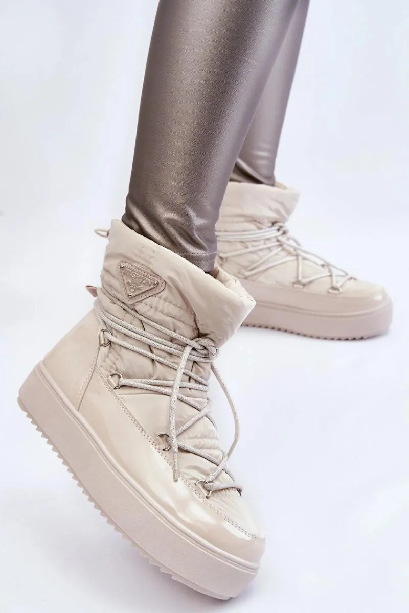 Śniegowce Damskie>Boto Damskie Modne Śniegowce Sznurowane Jasnobeżowe Carrios