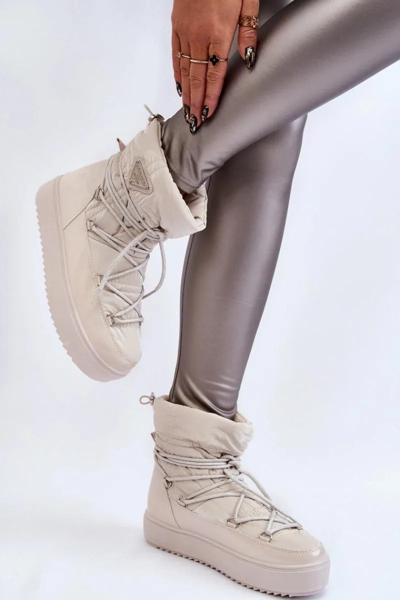 Śniegowce Damskie>Boto Damskie Modne Śniegowce Sznurowane Jasnobeżowe Carrios