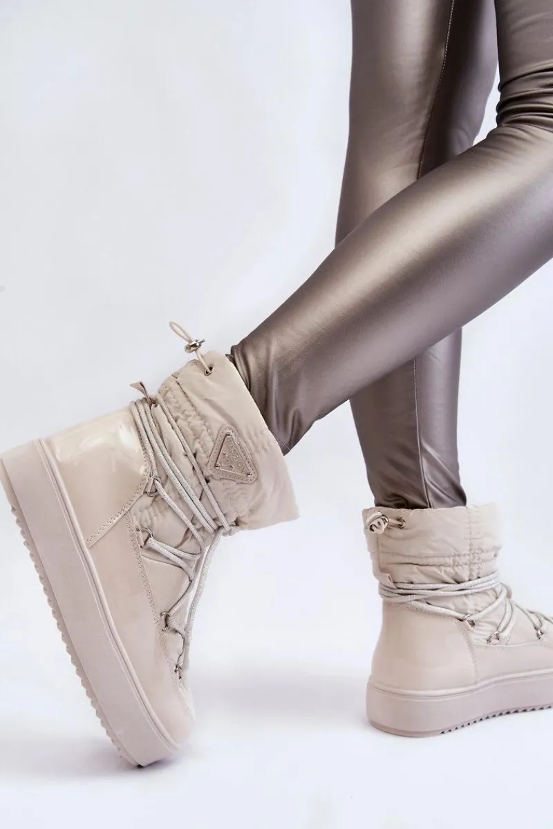 Śniegowce Damskie>Boto Damskie Modne Śniegowce Sznurowane Jasnobeżowe Carrios