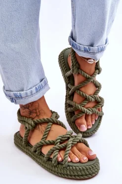 Clearance Damskie Modne Plecione Sandały Zielone Tiffanie Damskie Sandały Płaskie